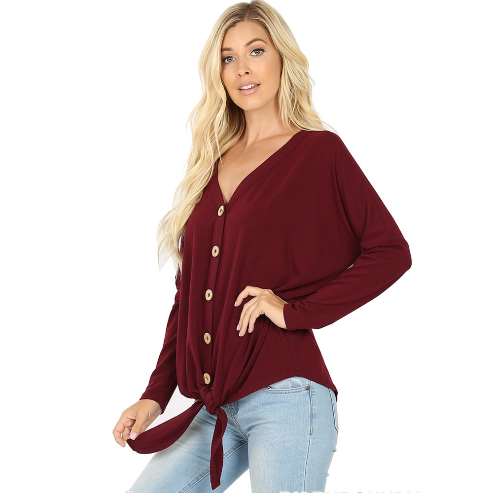 Burgundy Button Down Dolman Sleeve Tie Front Shirt
